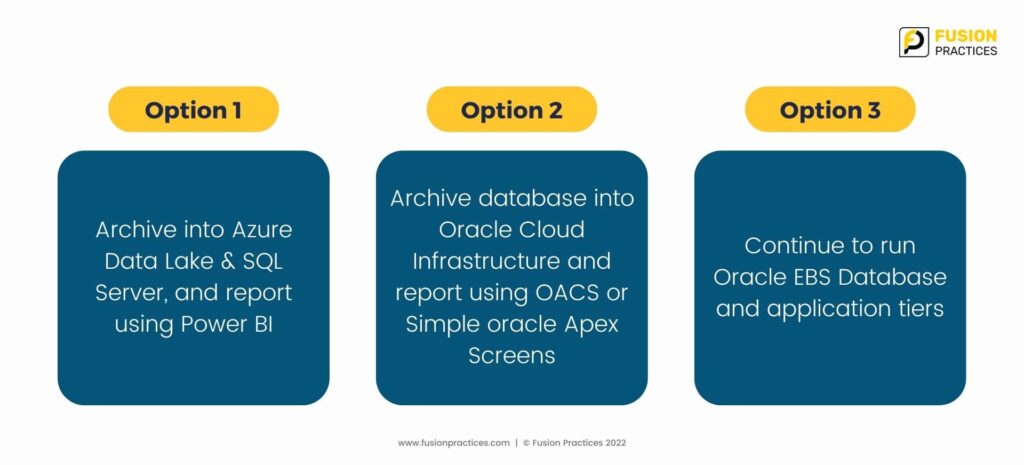 Archiving Oracle EBS data when moving to cloud - Fusion Practices, Archive into Azure Data Lake & SQL Server, and report using Power BI, Archive database into Oracle Cloud Infrastructure and report using OACS or Simple oracle Apex Screens, Continue to run Oracle EBS Database and application tiers